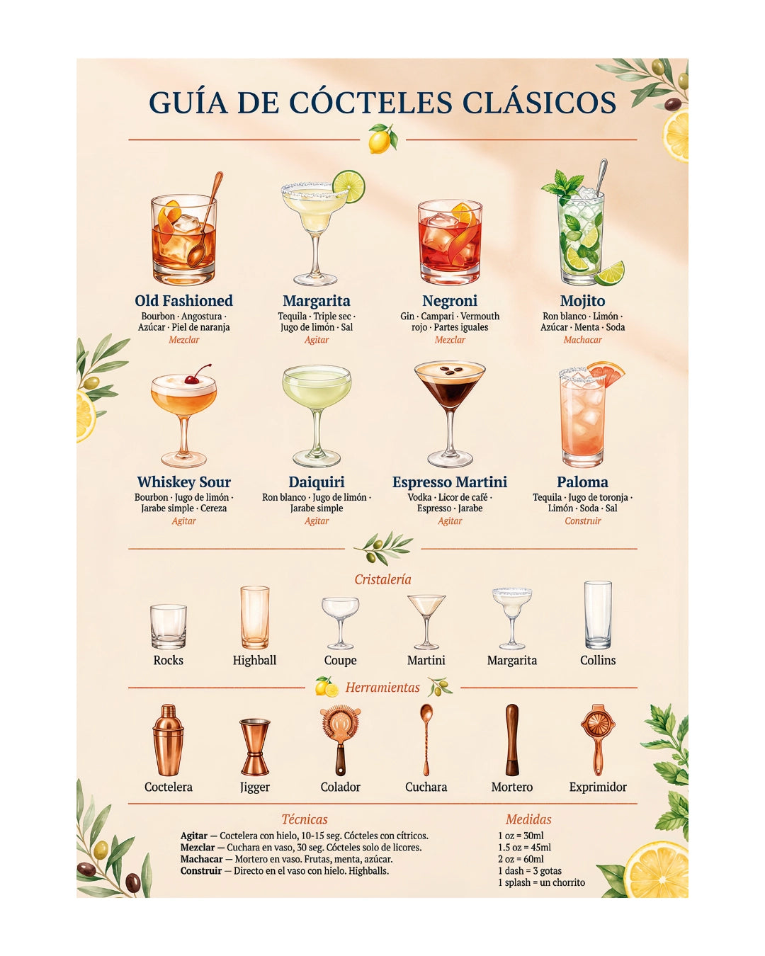 Póster Adhesivo de Bar – Guía de Cócteles Clásicos