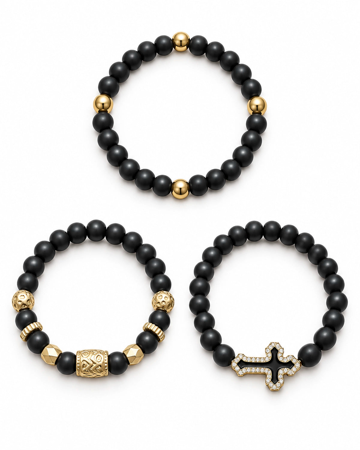 Set 3 Pulseras Cruz – Negro y Dorado