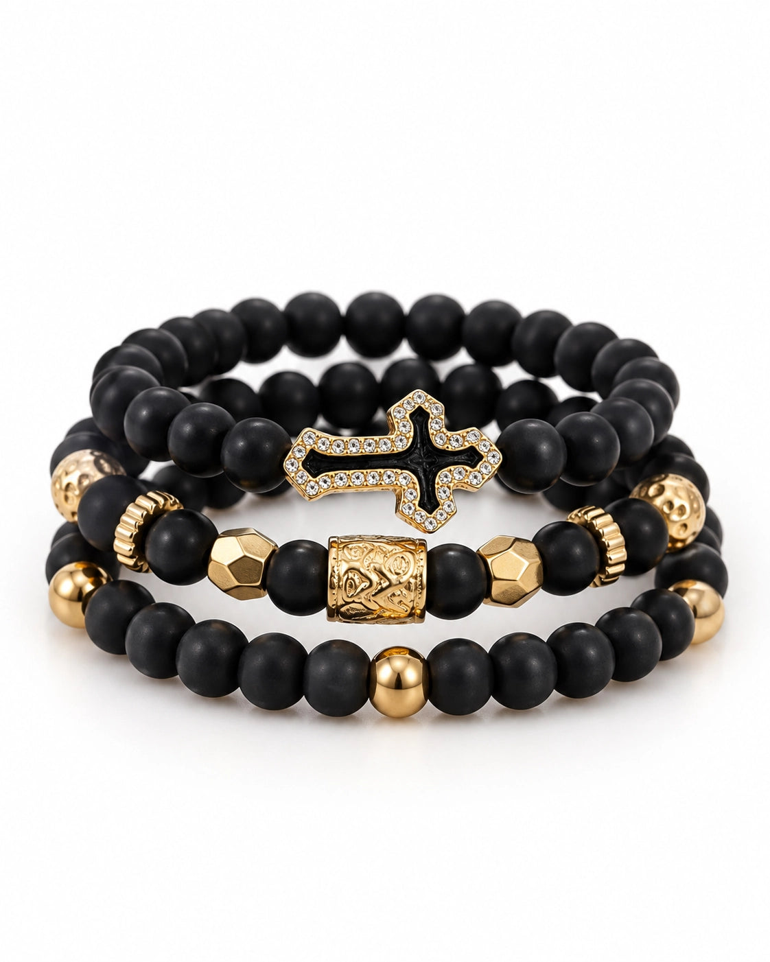 Set 3 Pulseras Cruz – Negro y Dorado