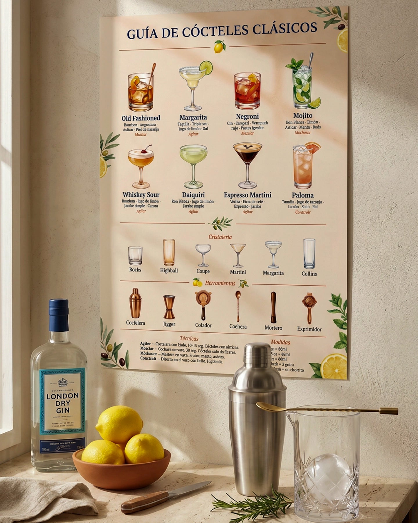 Póster Adhesivo de Bar – Guía de Cócteles Clásicos