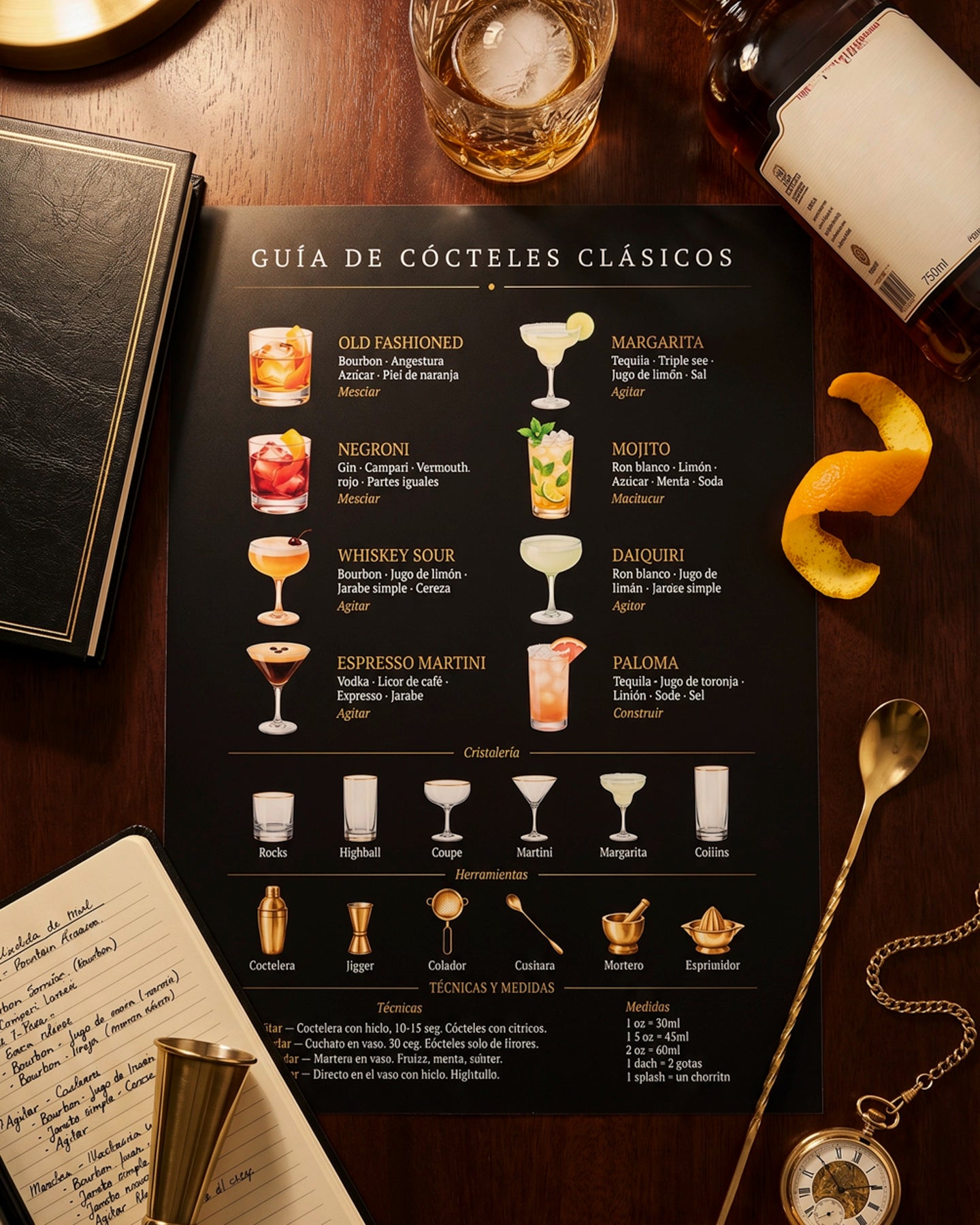 Póster Adhesivo de Bar – Guía de Cócteles Clásicos