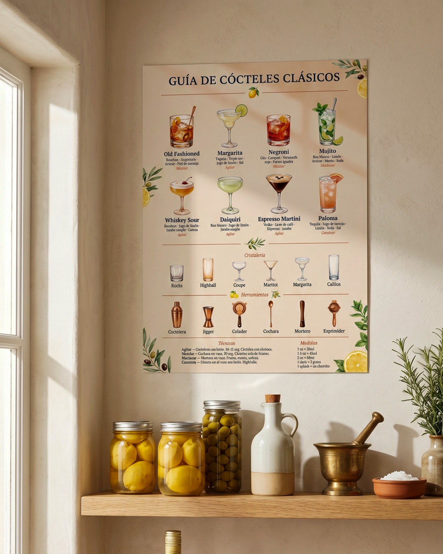 Póster Adhesivo de Bar – Guía de Cócteles Clásicos