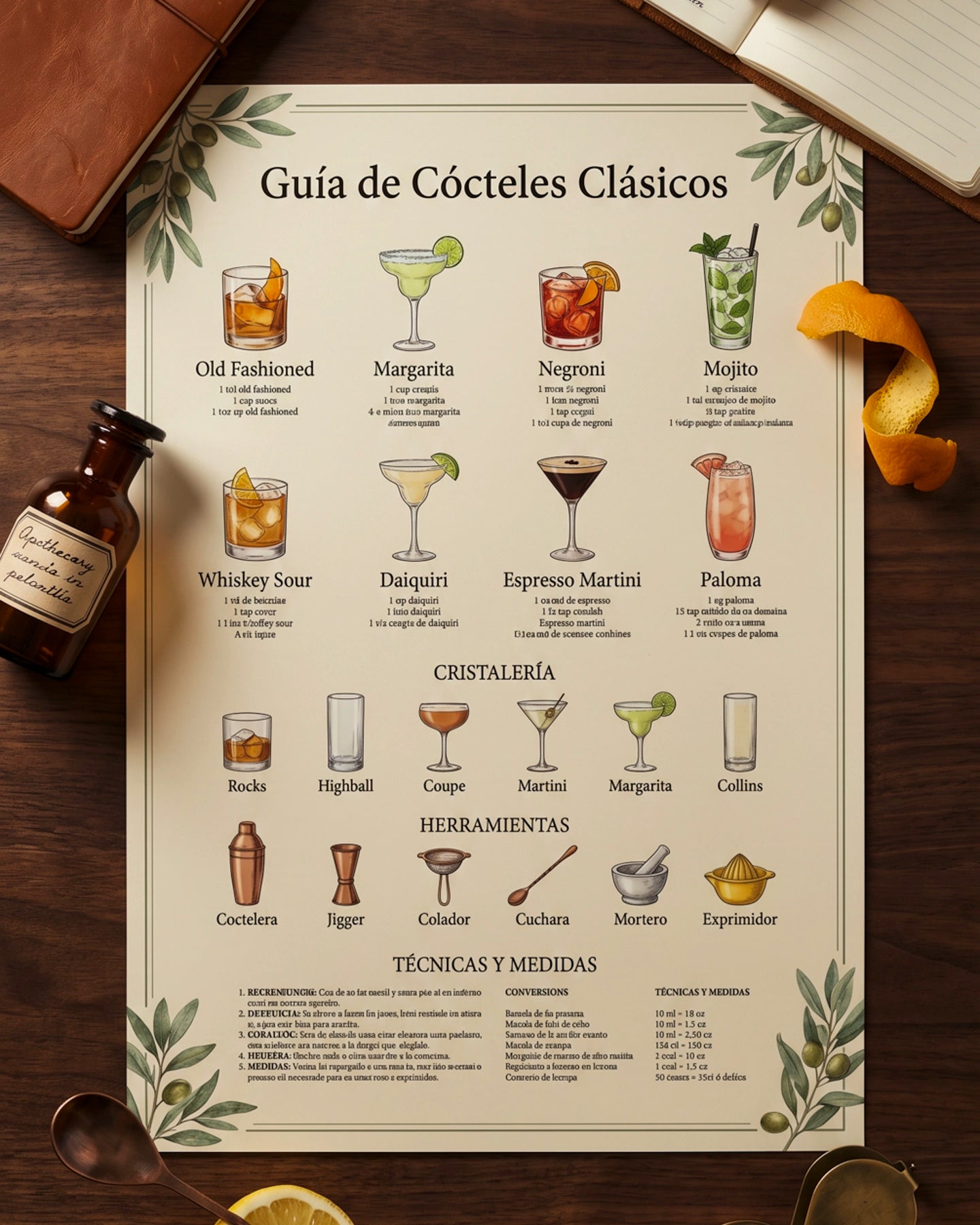 Póster Adhesivo de Bar – Guía de Cócteles Clásicos