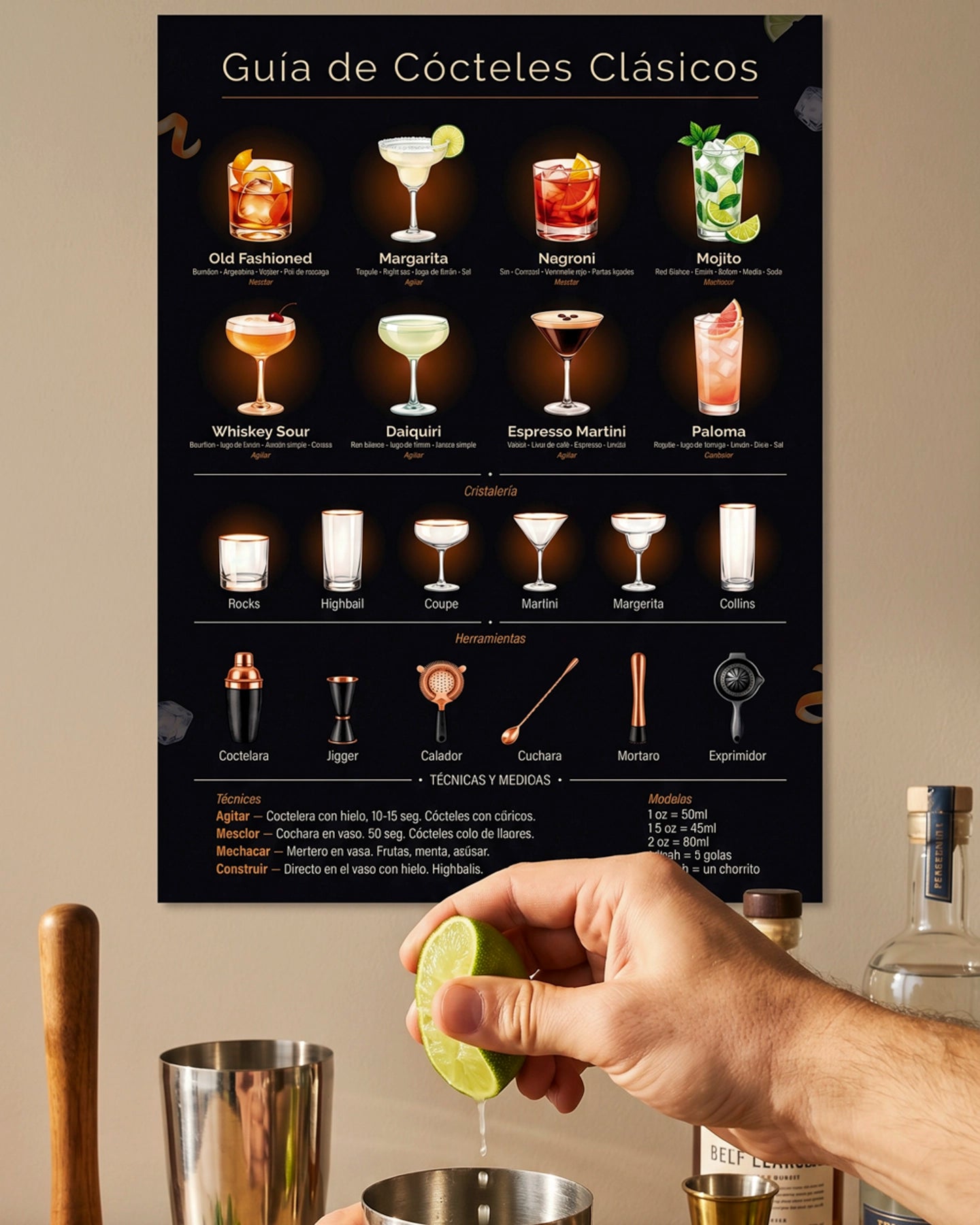 Póster Adhesivo de Bar – Guía de Cócteles Clásicos
