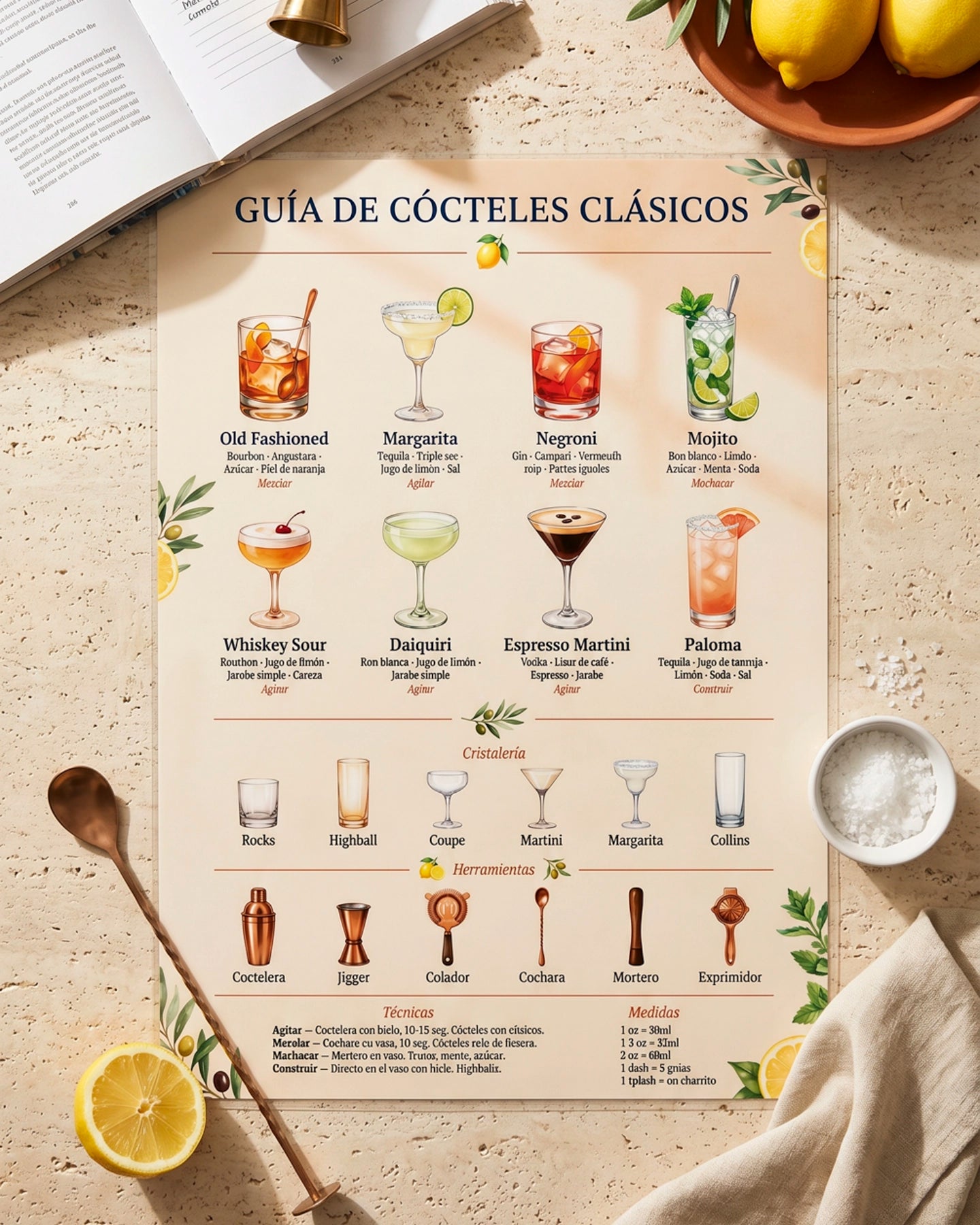 Póster Adhesivo de Bar – Guía de Cócteles Clásicos